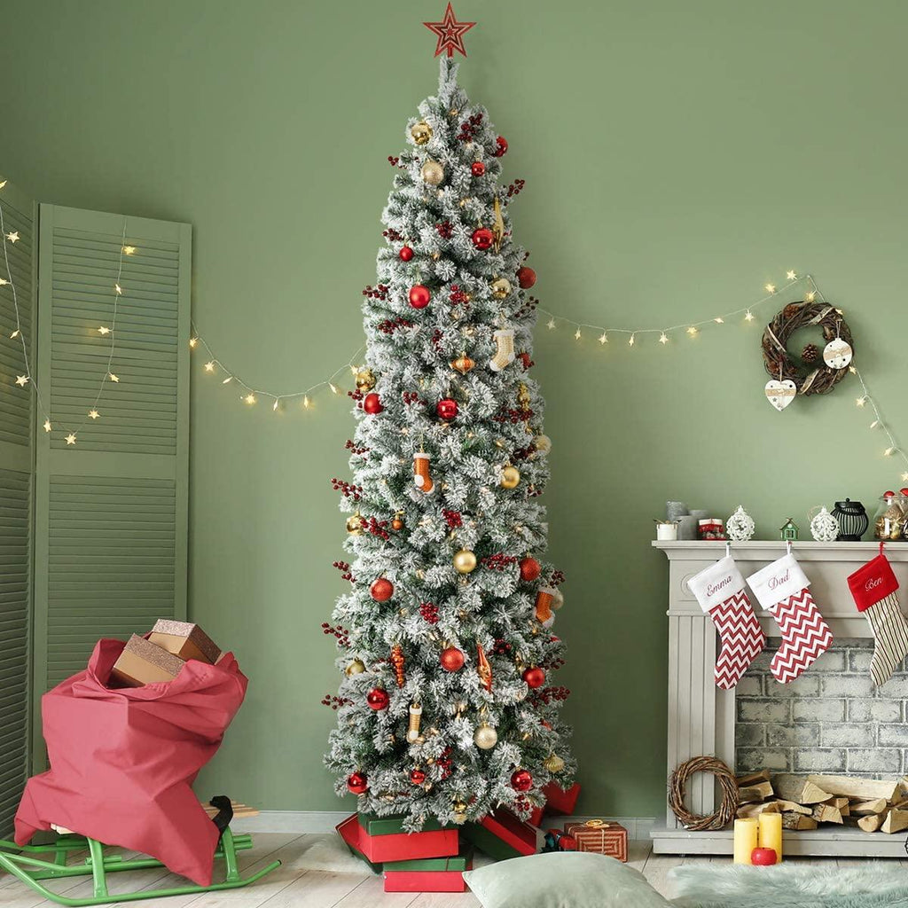 OasisCraft 6.5ft Prelit Snow Flocked Artificial Pencil Christmas Tree with 250 Clear Lights, Hinged Snowy Slim Xmas Tree