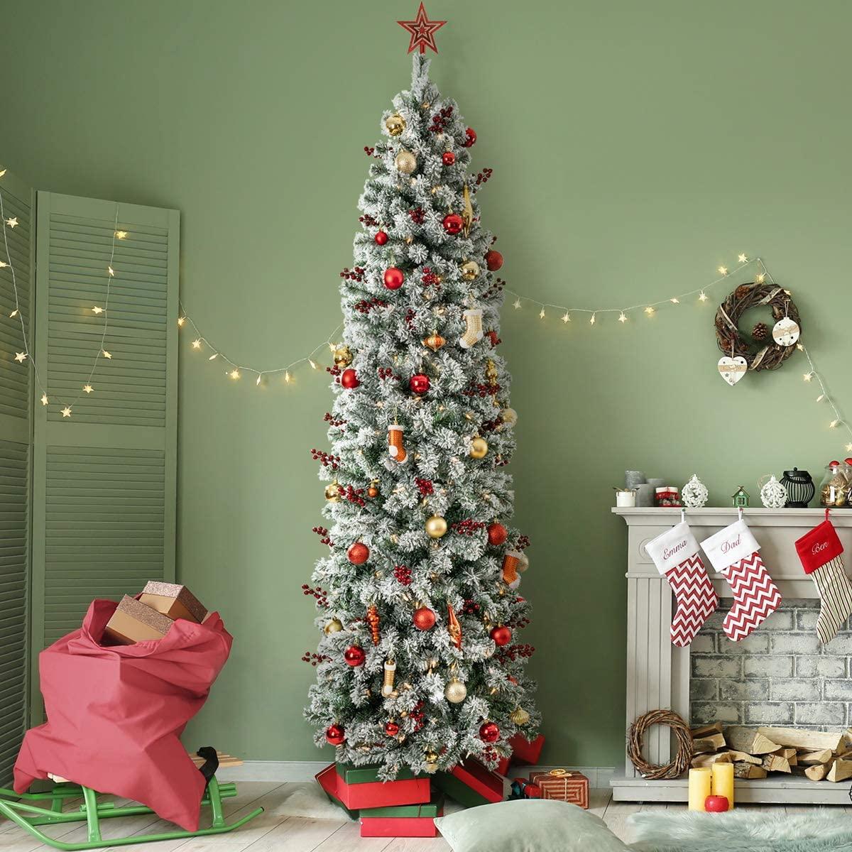 OasisCraft 6.5ft Prelit Snow Flocked Artificial Pencil Christmas Tree with 250 Clear Lights, Hinged Snowy Slim Xmas Tree