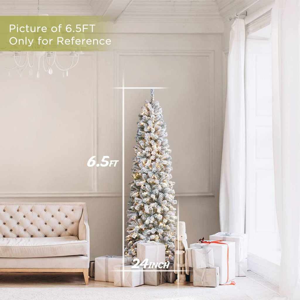 OasisCraft 6.5ft Prelit Snow Flocked Artificial Pencil Christmas Tree with 250 Clear Lights, Hinged Snowy Slim Xmas Tree