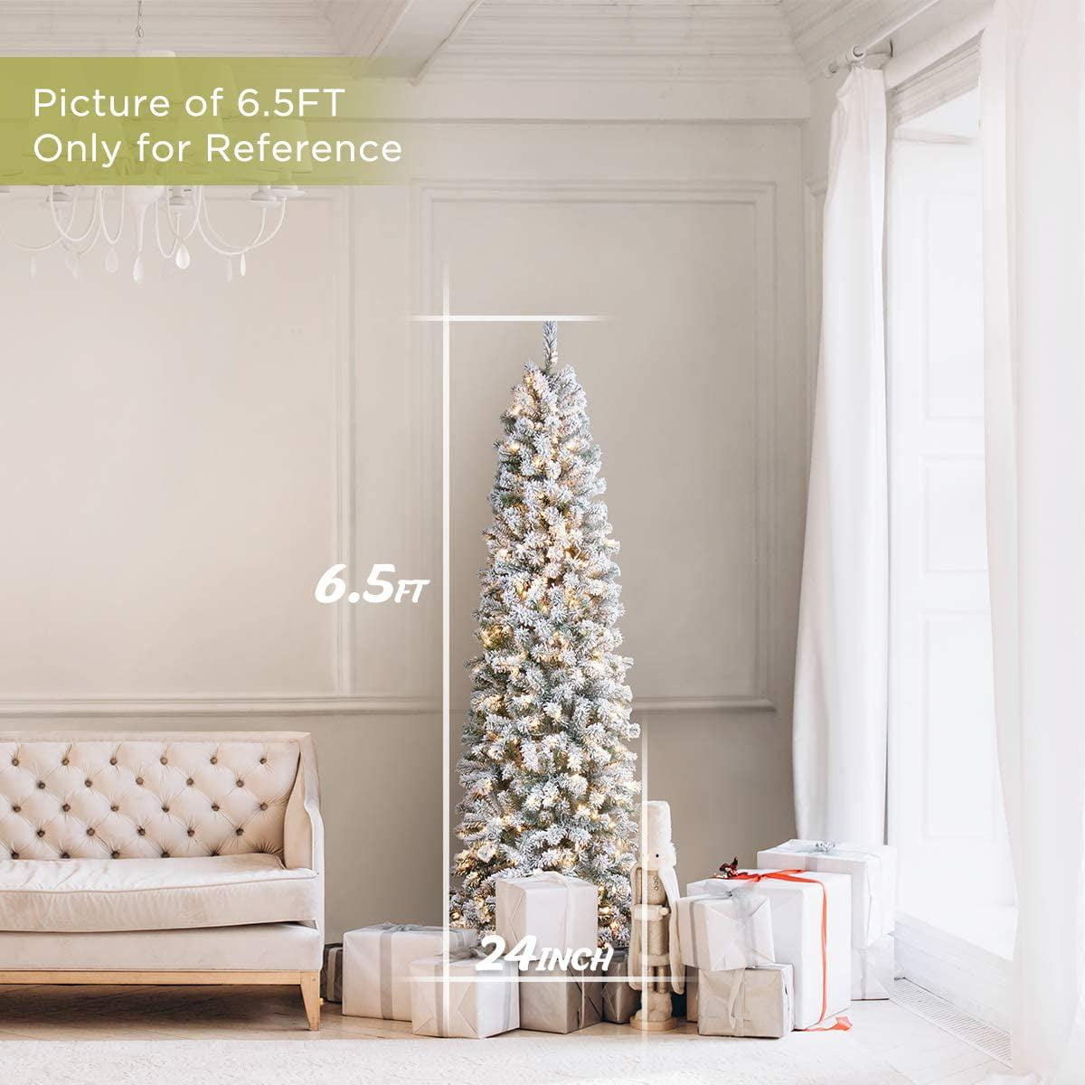 OasisCraft 6.5ft Prelit Snow Flocked Artificial Pencil Christmas Tree with 250 Clear Lights, Hinged Snowy Slim Xmas Tree