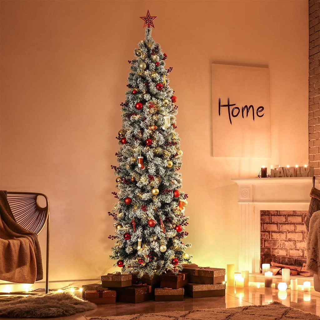 OasisCraft 6.5ft Prelit Snow Flocked Artificial Pencil Christmas Tree with 250 Clear Lights, Hinged Snowy Slim Xmas Tree
