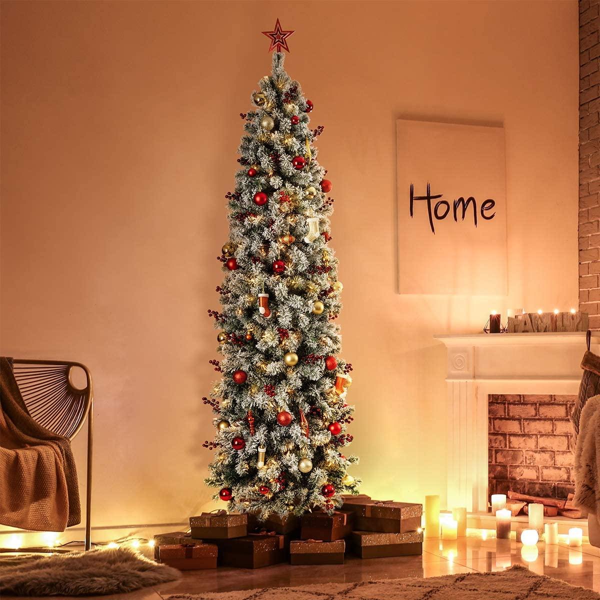OasisCraft 6.5ft Prelit Snow Flocked Artificial Pencil Christmas Tree with 250 Clear Lights, Hinged Snowy Slim Xmas Tree