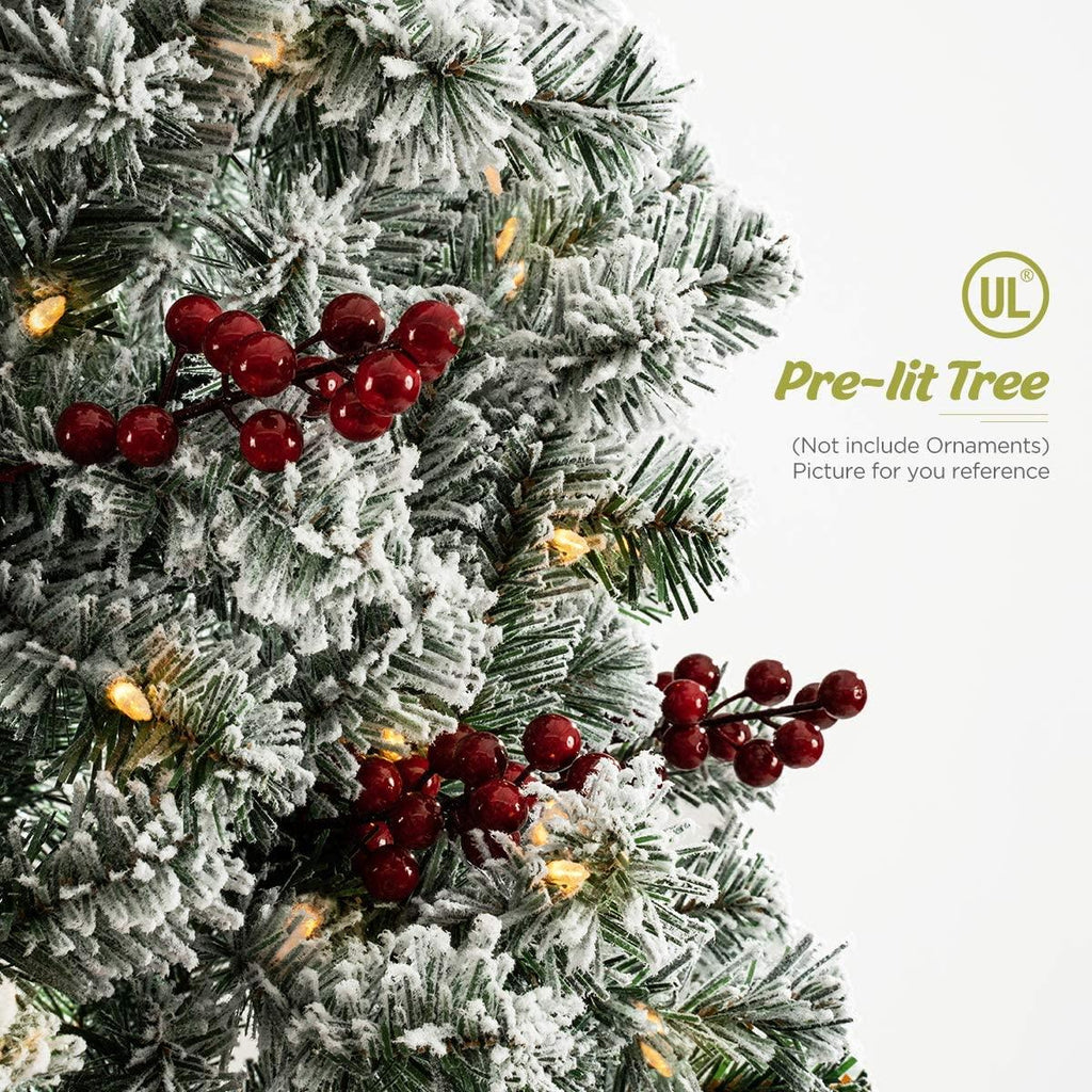 OasisCraft 6.5ft Prelit Snow Flocked Artificial Pencil Christmas Tree with 250 Clear Lights, Hinged Snowy Slim Xmas Tree