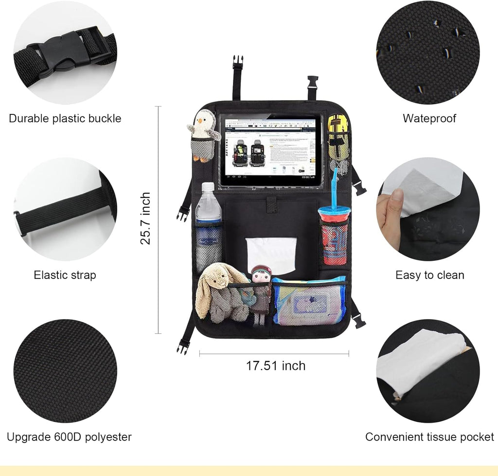 Backseat Car Organizer 2 PCS,Car Storage Organizer with Touch Tablet Holder Tissue Box Seat Back Protectors with 8 Storage Pockets Earphone/Charging Hole,Travel Accessories,Road Trip Essential Kids