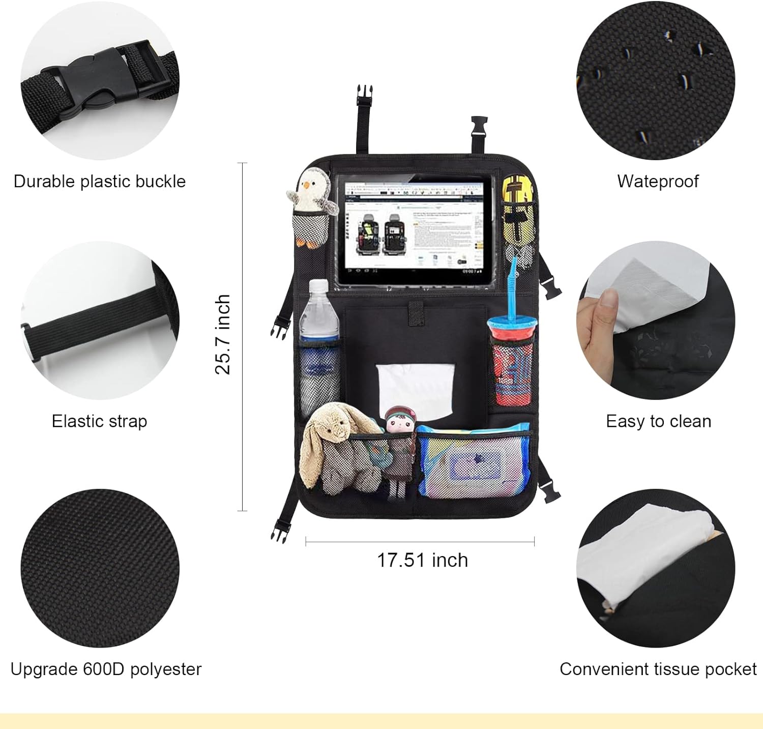Backseat Car Organizer 2 PCS,Car Storage Organizer with Touch Tablet Holder Tissue Box Seat Back Protectors with 8 Storage Pockets Earphone/Charging Hole,Travel Accessories,Road Trip Essential Kids