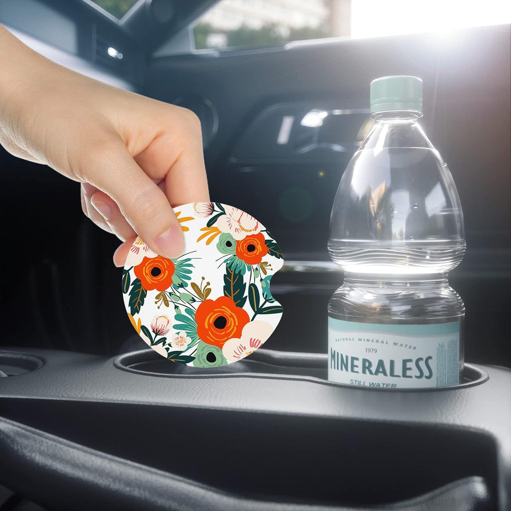 Nipichsha Car Cup Holder Coasters, Car Coasters for Cup Holders, 2 Pack Anti Slip Insert Coasters, Rubber Car Cup Mat with A Finger Notch, Cute Car Interior Accessories for Women Men(White Flower)