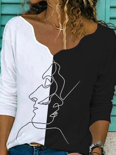 Casual art print color matching V-neck long sleeve T-shirt
