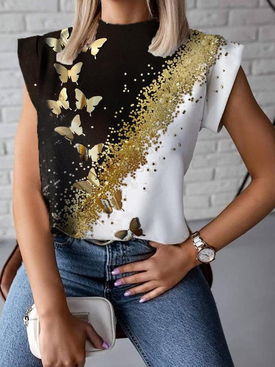 Fashion Butterfly Print Crewneck Top Womens
