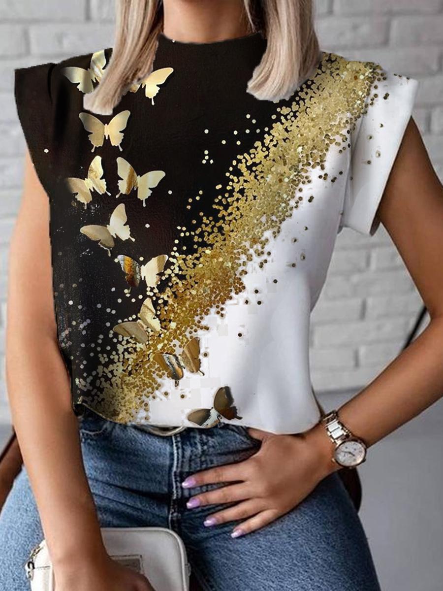 Fashion Butterfly Print Crewneck Top Womens