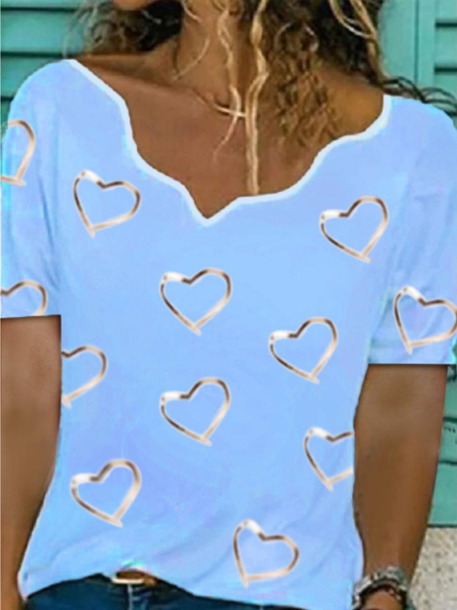 Ladies V-neck Printed Fashion Casual Short-sleeved T-shirt