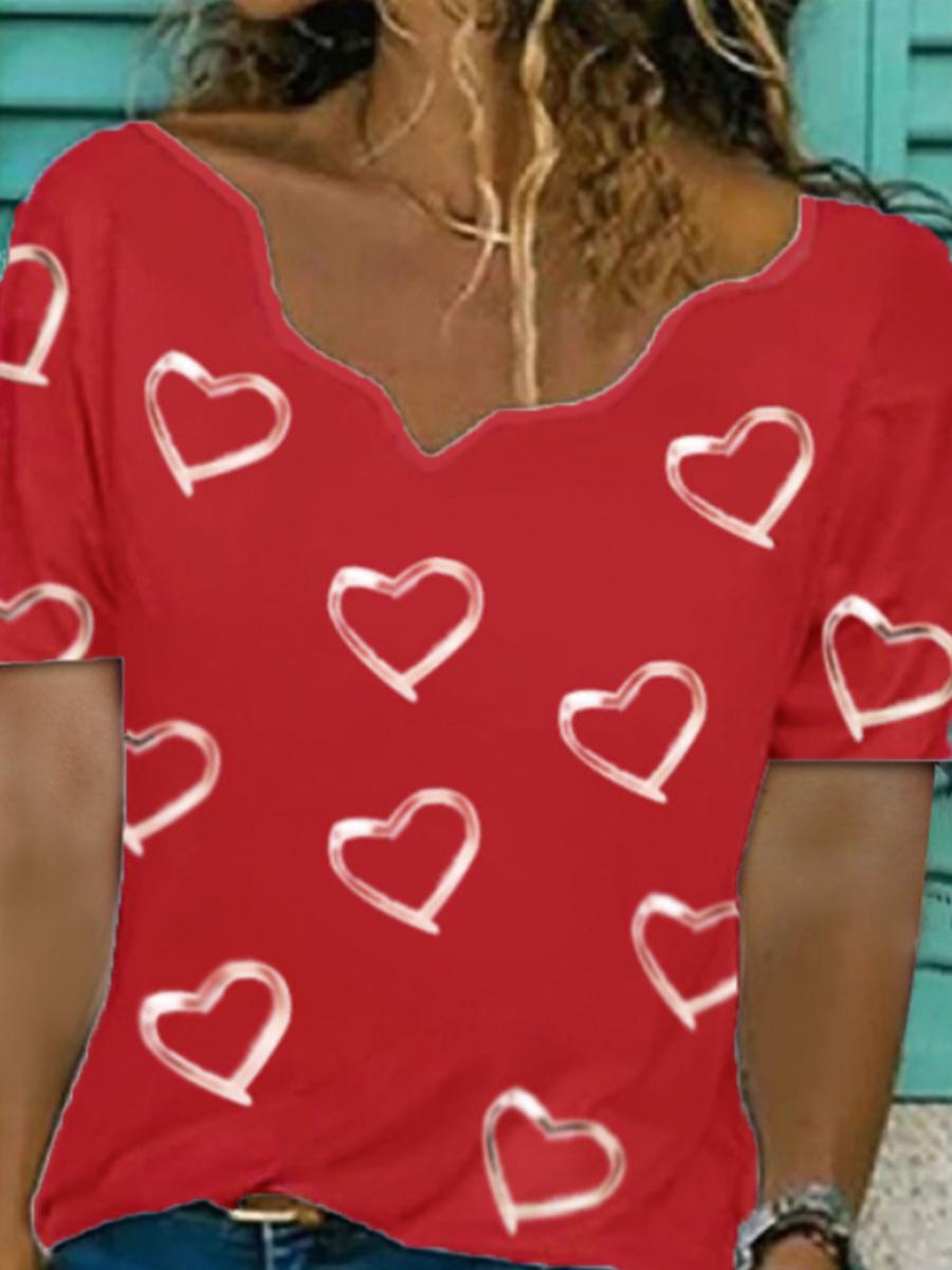 Ladies V-neck Printed Fashion Casual Short-sleeved T-shirt