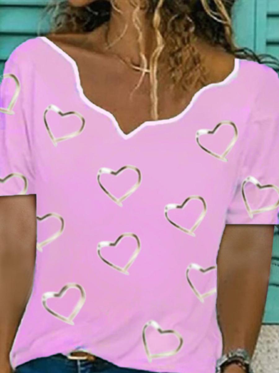 Ladies V-neck Printed Fashion Casual Short-sleeved T-shirt