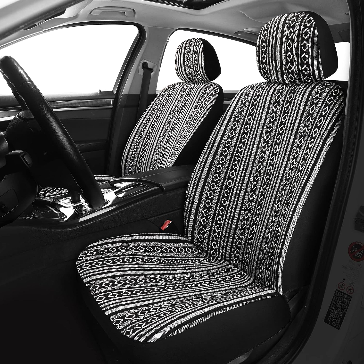 Pariitadin Baja Saddle Blanket Car Seat Covers Front Set with Seat Belt Pads, Washable Breathable Striped Woven Cloth Seat Covers for Cars, Universal Fit Most Cars, Airbag Compatible, Black/White