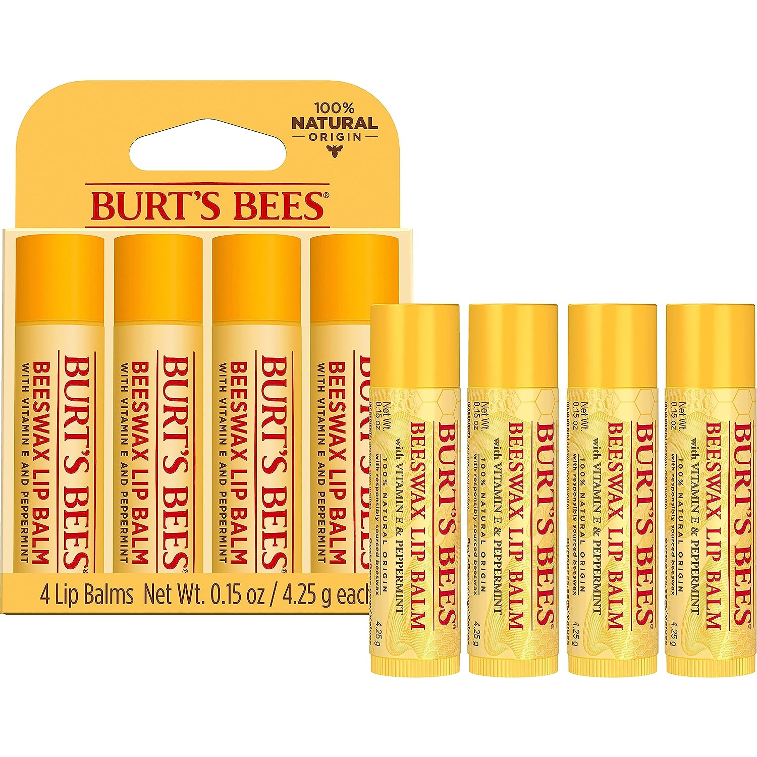 Burt's Bees Lip Balm, Moisturizing Lip Care, for All Day Hydration, 100% Natural, Original Beeswax with Vitamin E &amp; Peppermint Oil (4 Pack)