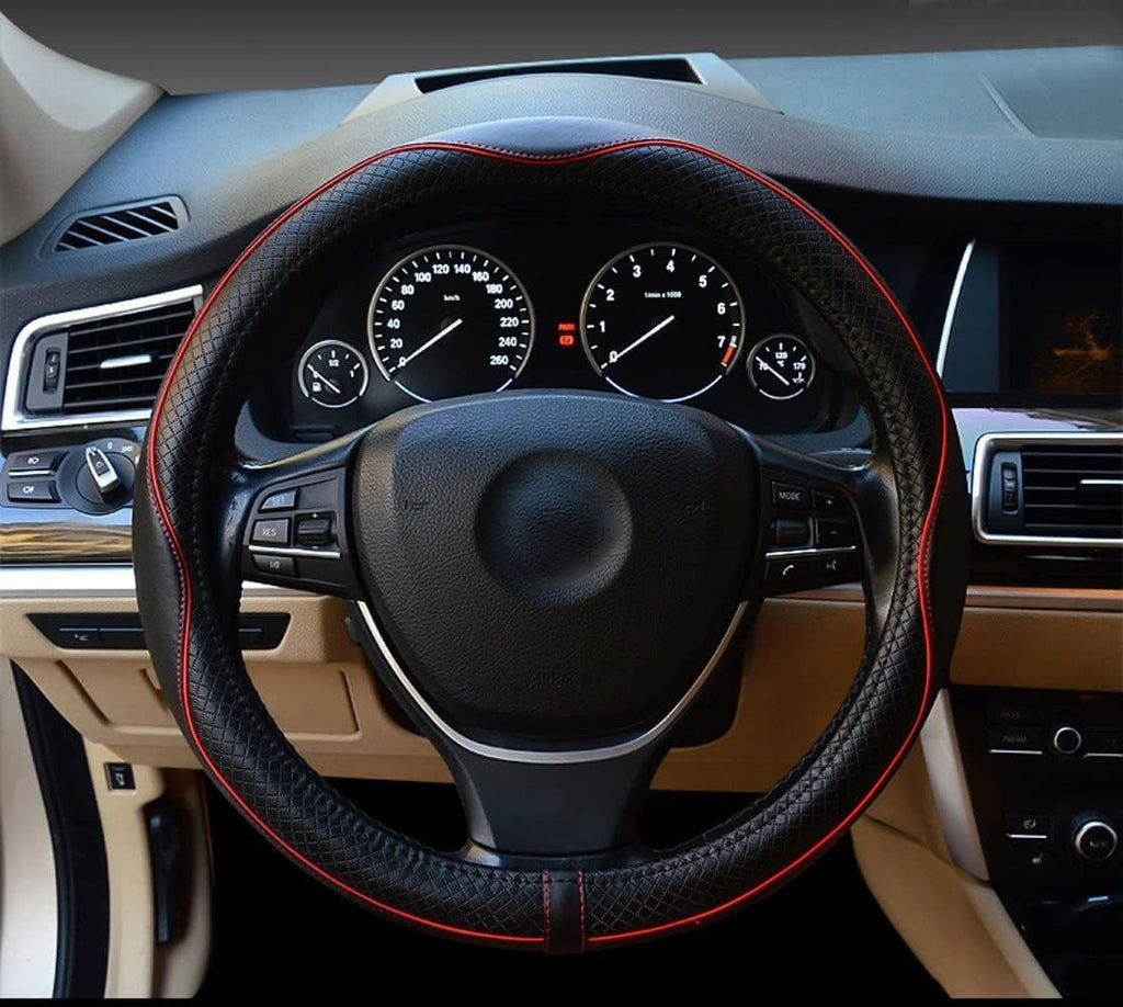 Car Steering Wheel Cover, Anti-Slip, Safety, Soft, Breathable, Heavy Duty, Thick, Full Surround, Sports Style (Black with Red line)