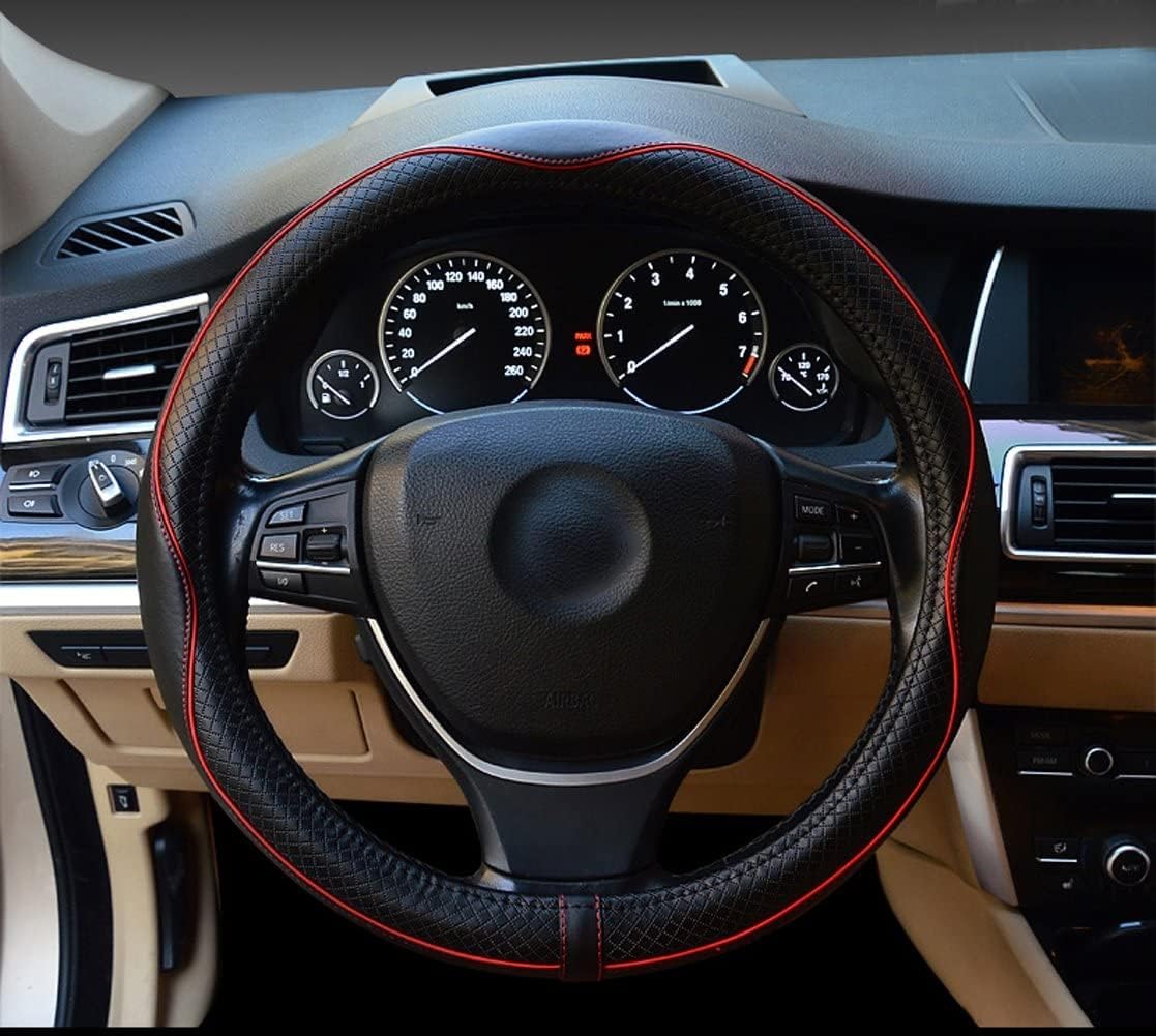 Car Steering Wheel Cover, Anti-Slip, Safety, Soft, Breathable, Heavy Duty, Thick, Full Surround, Sports Style (Black with Red line)