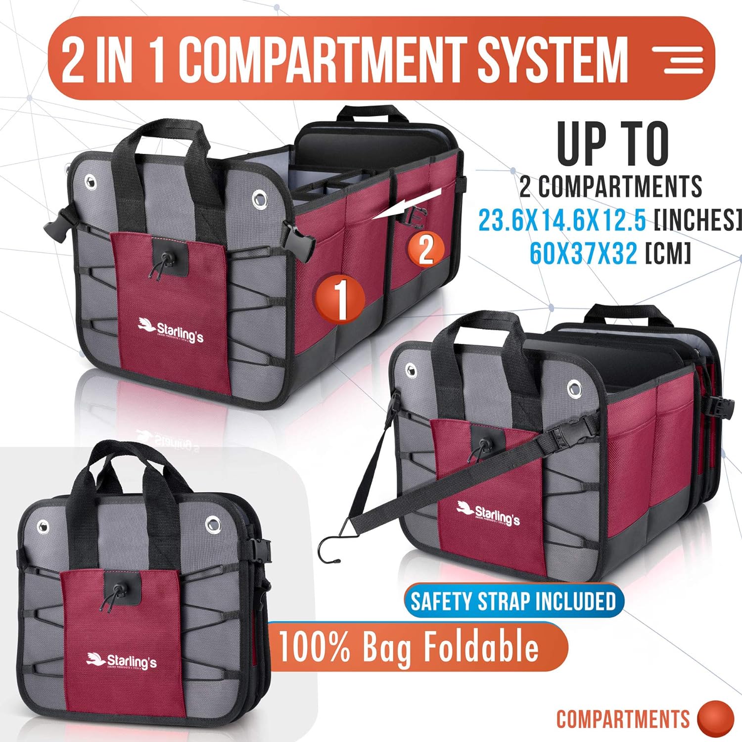 Starling's Car Trunk Organizer - Durable Storage SUV Cargo Organizer Adjustable, Bordeaux