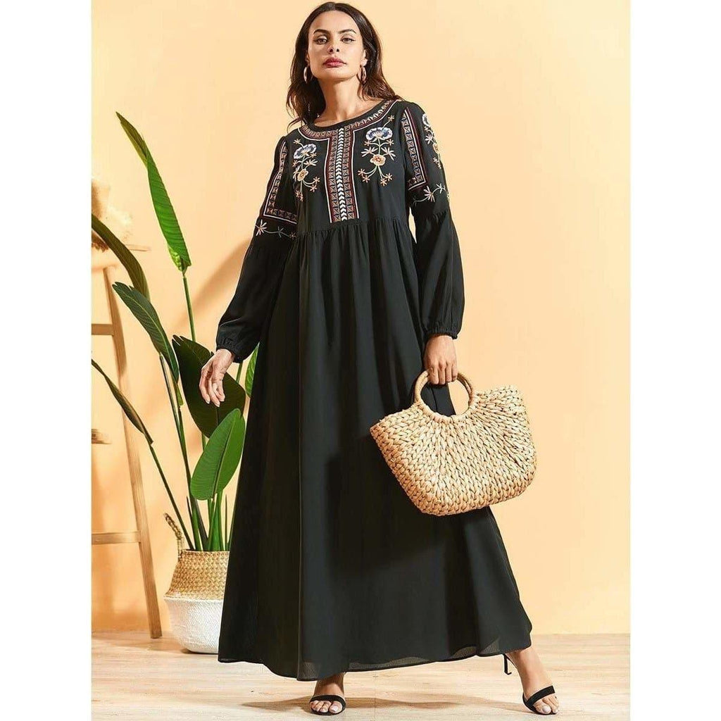 black maxi dress ethnic floral embroidery