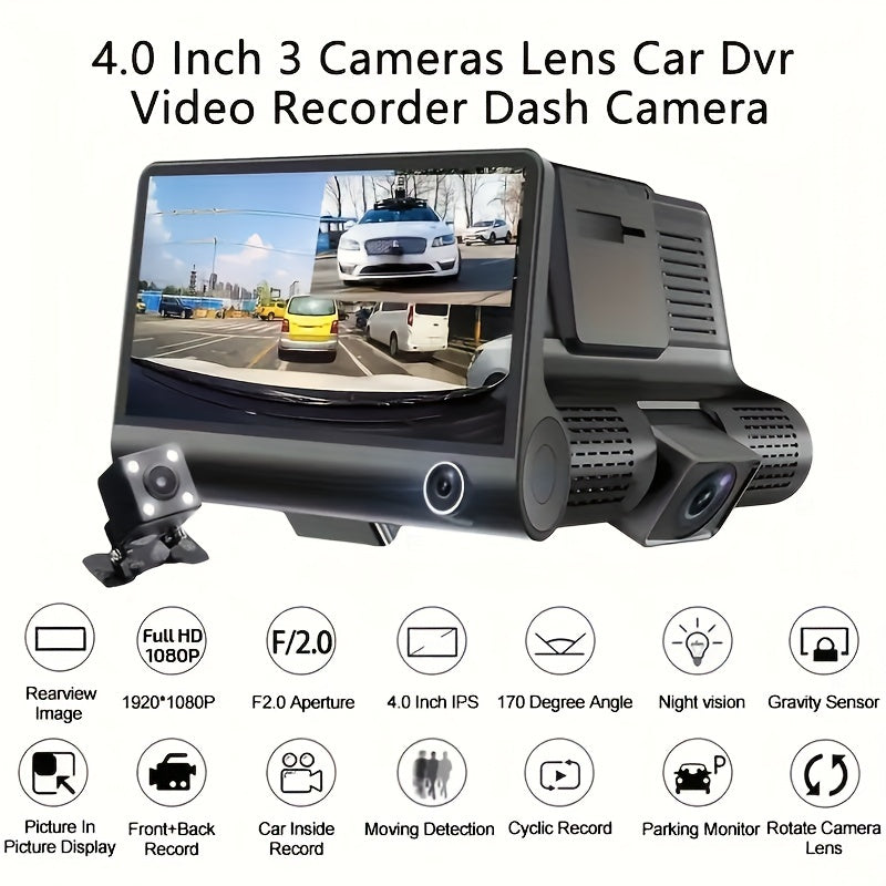 3 Lens Dash Camera, 4'' Touch IPS Screen Car Video Recorder, 1080P +720P+720P