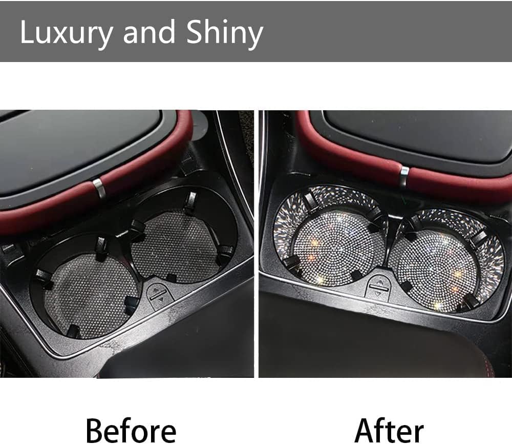 2pcs Bling Car Cup Holder Coasters &amp; 2pcs Push Start Button, 2.75 inch Anti-Slip Shockproof Universal Vehicle Coasters Insert, Bling Car Interior Accessories for Women Suits for Most Cars (White)