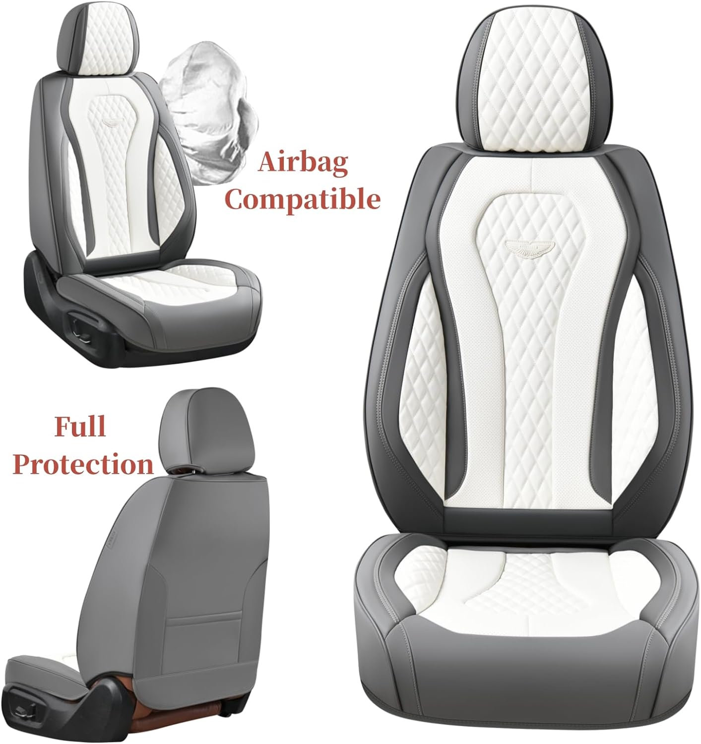 Coverado Leather Seat Covers Full Set, 5 Seats Universal Seat Covers for Cars, Waterproof Luxury Leatherette Seat Cushions, Front and Rear Seat Protectors, Seat Covers Fit for Most Vehicles Gray/White