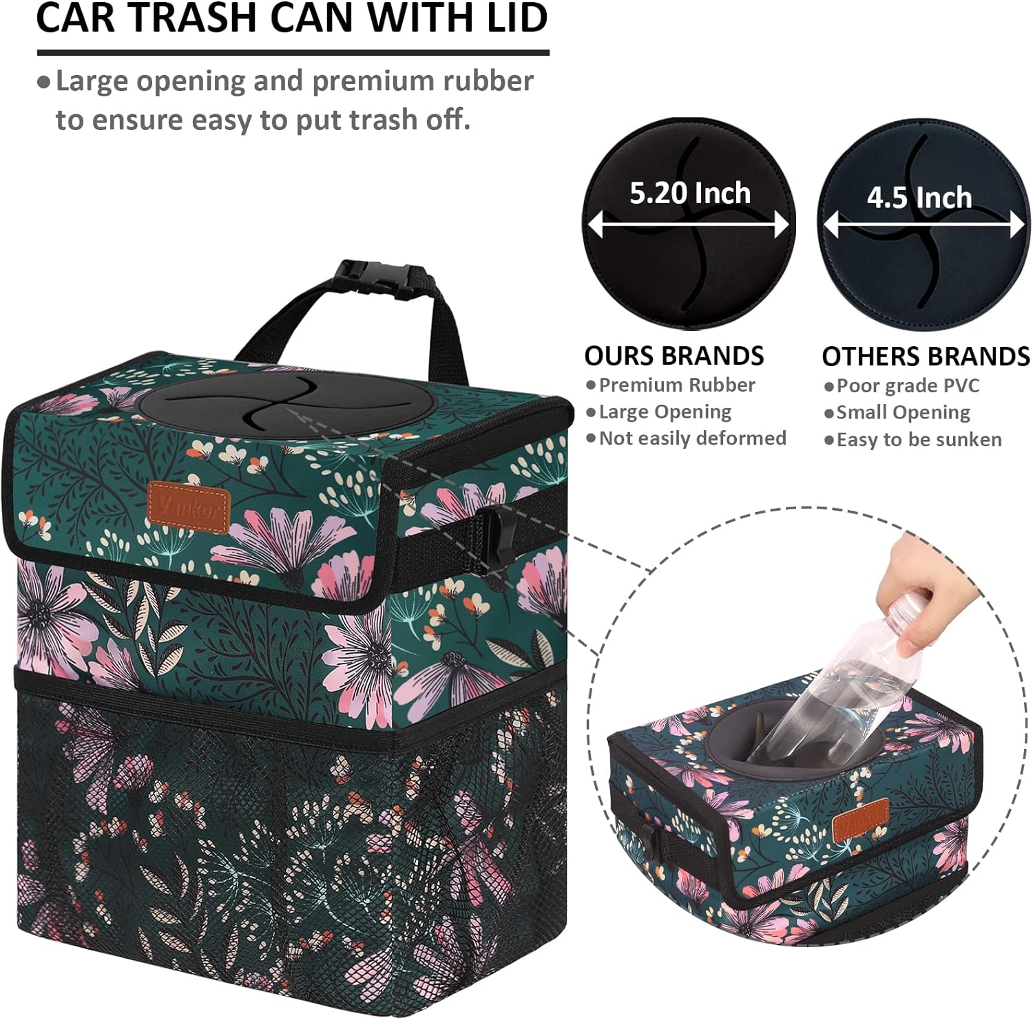 Vankor Car Trash Can for Cute, Bag Bin Hanging Waterproof Automotive Garbage Cans Leak Proof Vehicle Navy Floral