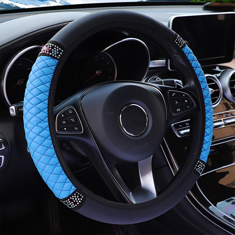 Car Pu Leather Steering Wheel Cover, 14.57-14.96inch Artificial Diamond, Steering Wheel Cover
