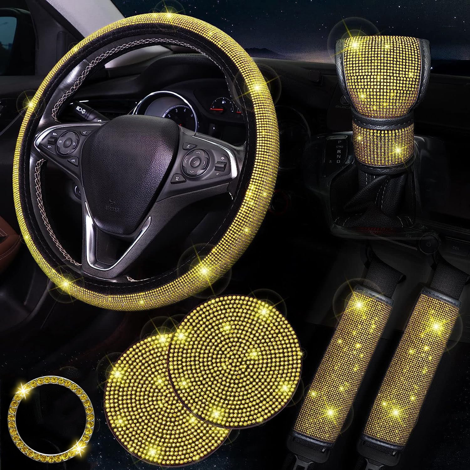 Bling Car Accessories For Women,Bling Steering Wheel Cover Bling Car Coasters Bling Set Seat Belt Shoulder Pads Ring Emblem Sticker Gear Shift Cover