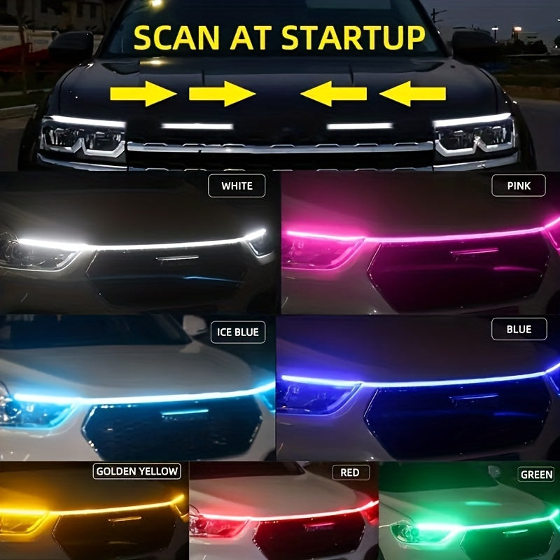 1.5M/70.87in Car LED Hood Light Universal Daytime Running Light Flexible Scan Light Strip Car Decoration Atmosphere Light White Ice Blue Waterproof