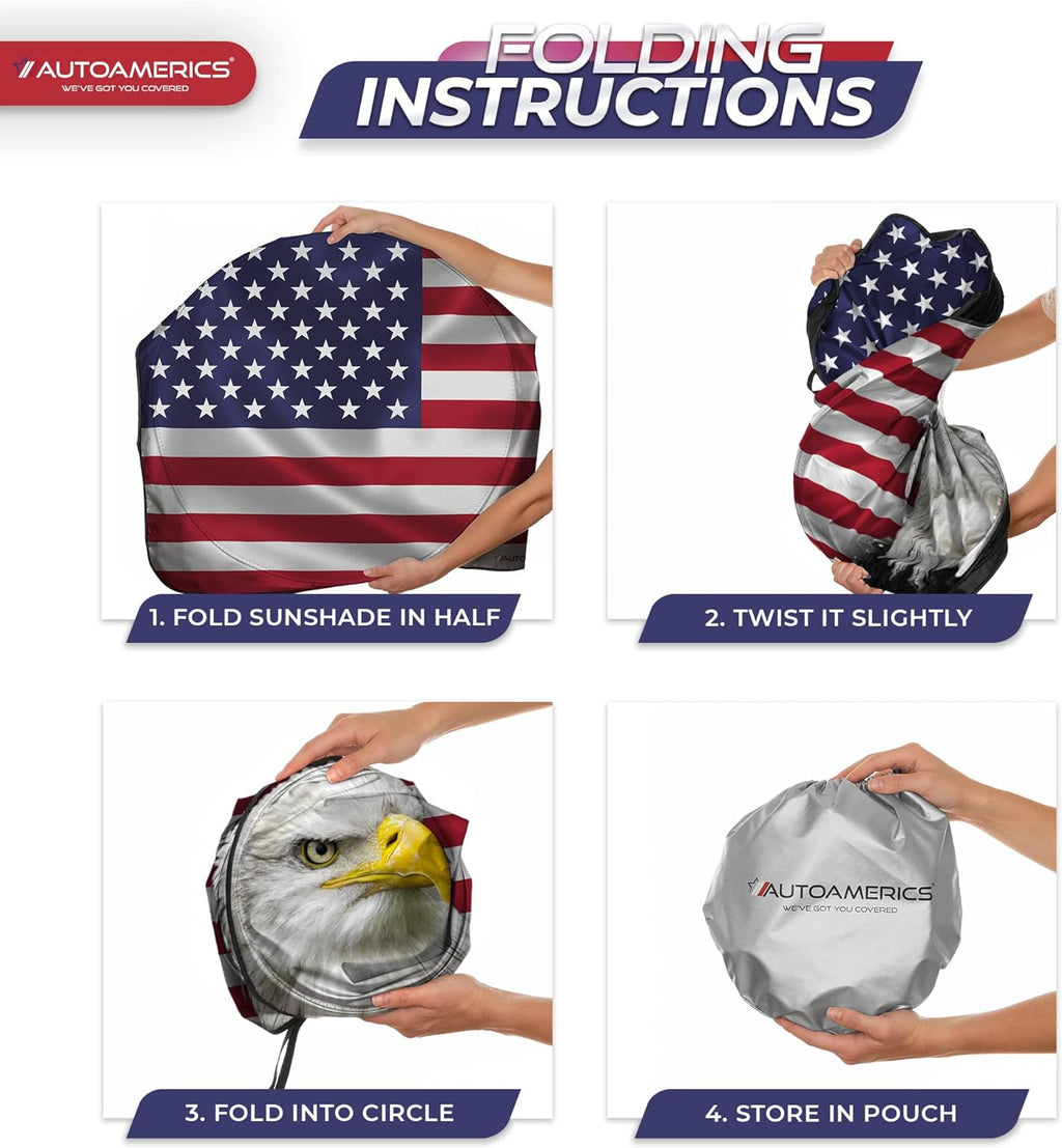 Autoamerics 1-Piece Windshield Sun Shade American Eagle Flag USA Patriotic  - Foldable Car Front Window Sunshade for Sedans SUV Truck - Blocks Max UV Rays and Keeps Your Vehicle Cool - Small