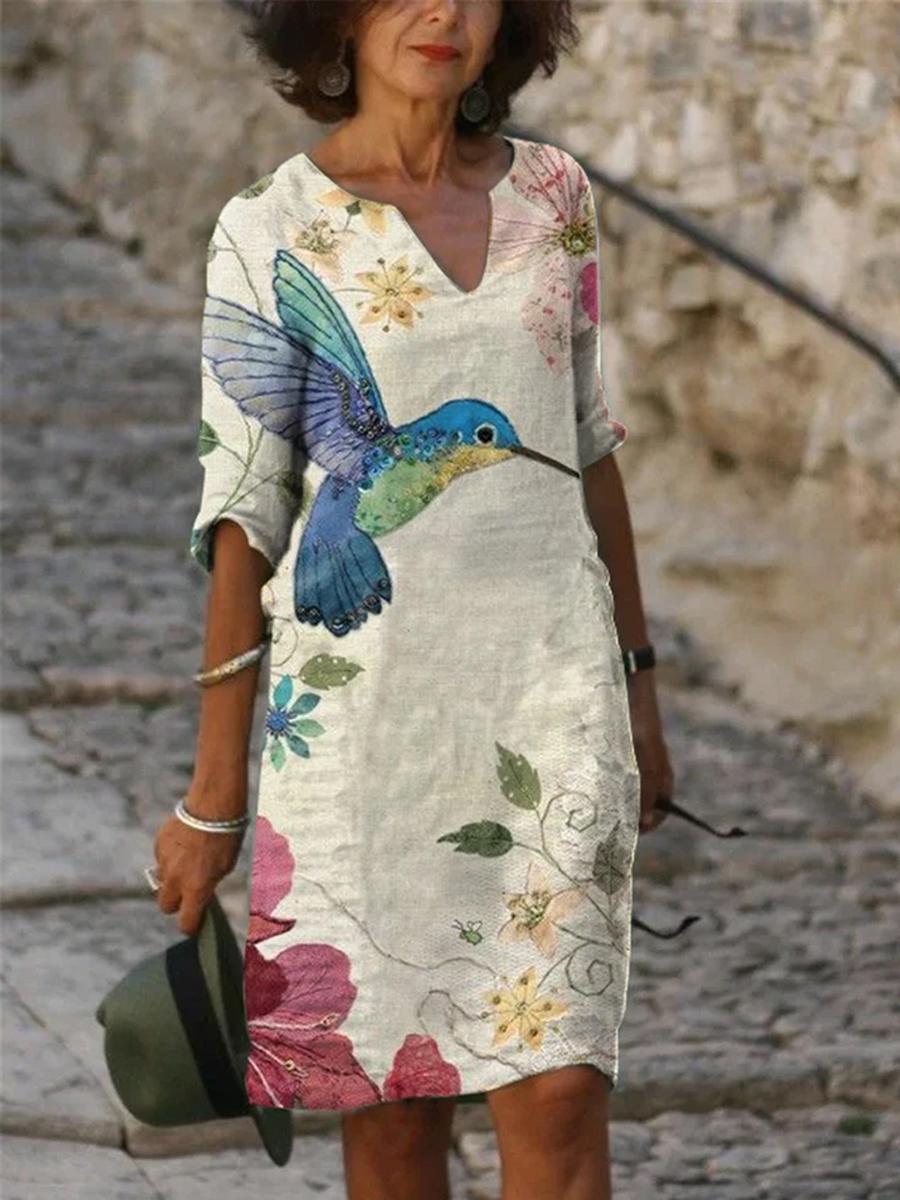 Ladies V-neck Printed Casual Shift Dress