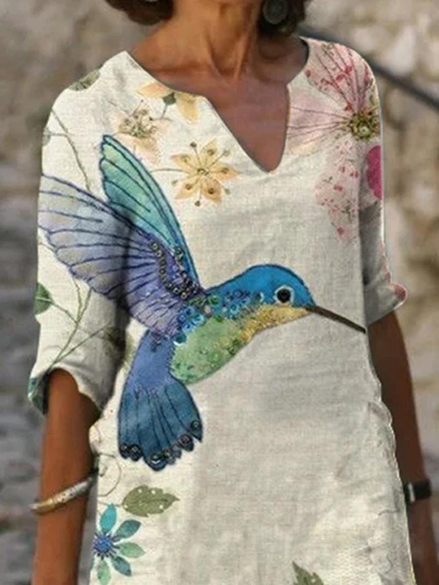 Ladies V-neck Printed Casual Shift Dress