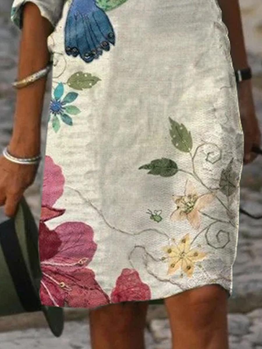 Ladies V-neck Printed Casual Shift Dress