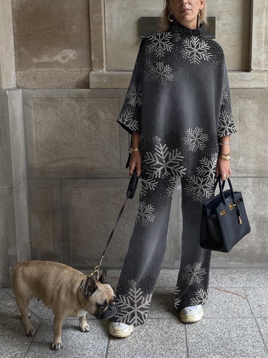 Ladies Fashion Dark Gray Snowflake Printed Straight Suit