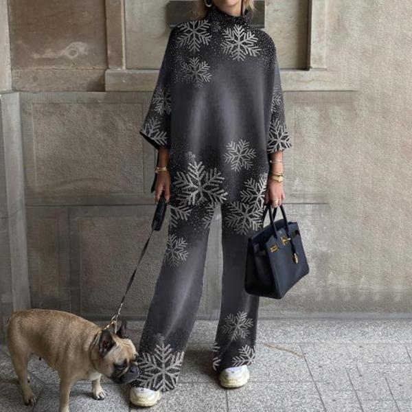 Ladies Fashion Dark Gray Snowflake Printed Straight Suit
