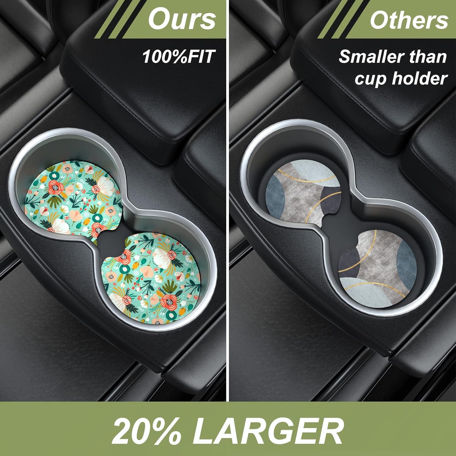Nipichsha Car Cup Holder Coasters, Car Coasters for Cup Holders, 2 Pack Anti Slip Insert Coasters, Rubber Car Cup Mat with A Finger Notch, Cute Car Interior Accessories for Women Men(Green Flower)