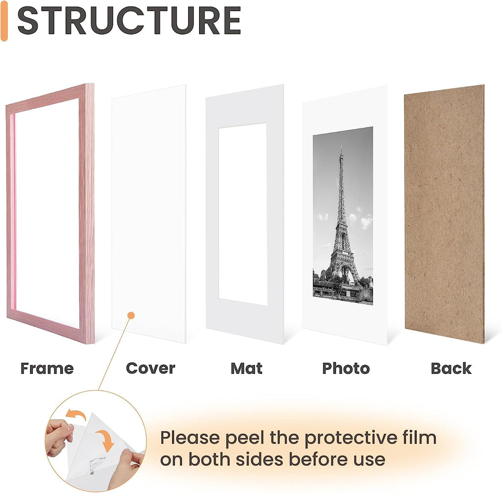 upsimples 11x14 Picture Frame Set of 5, Display Pictures 8x10 with Mat or 11x14 Without Mat,Wall Gallery Photo Frames, Pink