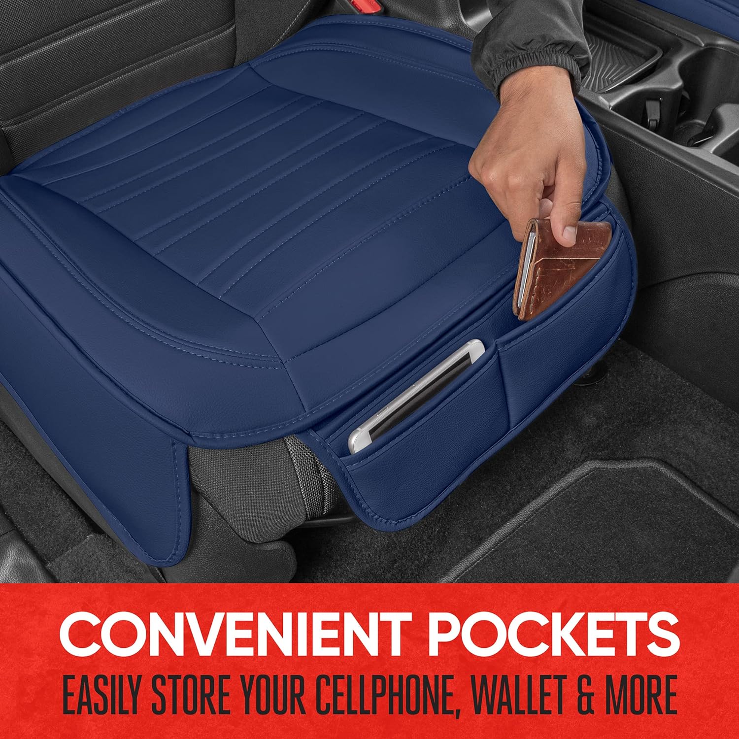 Motor Trend Seat Covers for Cars Trucks SUV, Faux Leather Full Set Blue Padded Car Seat Covers with Storage Pockets, Premium Interior Car Seat Cover