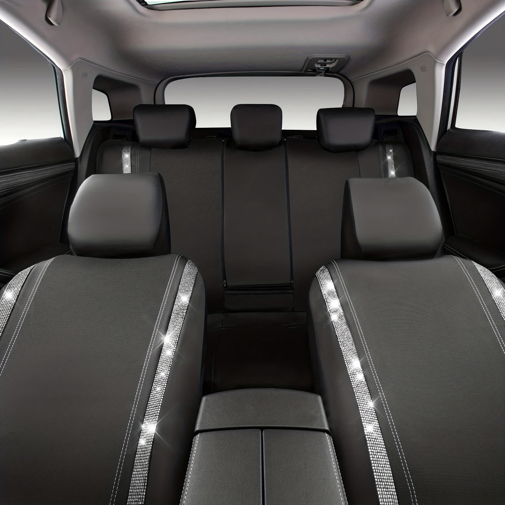 Bling Car Seat Covers Full Set, Shining Rhinestone Waterproof Leather Seat Covers For Women,Universal Fit 95% Automotive, Silver Artificial Diamond
