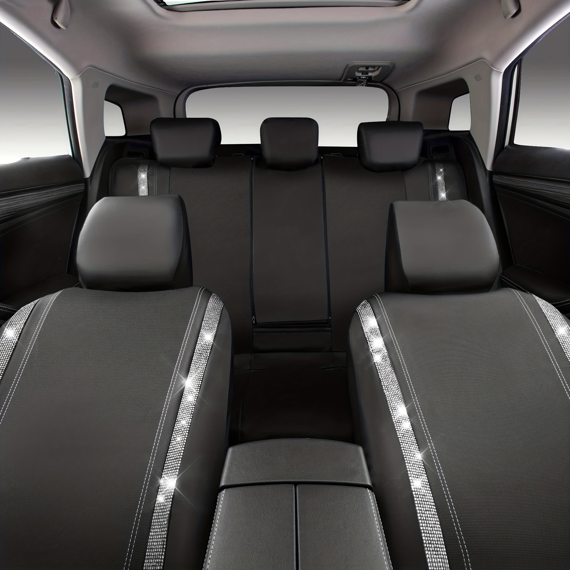 Bling Car Seat Covers Full Set, Shining Rhinestone Waterproof Leather Seat Covers For Women,Universal Fit 95% Automotive, Silver Artificial Diamond