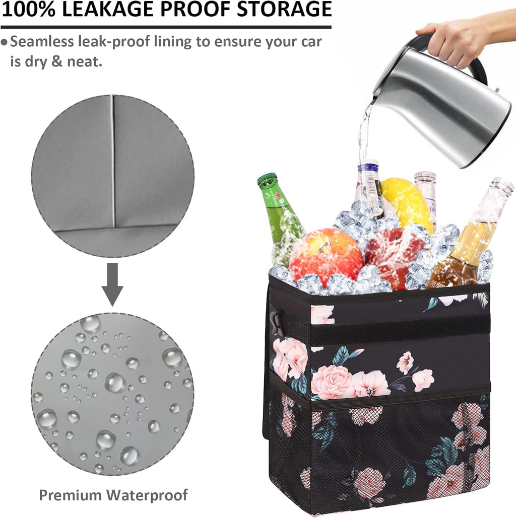 Vankor Car Trash Can for Car Cute, Car Trash Bag Bin Hanging Waterproof Automotive Car Garbage Cans Leak Proof Vehicle Trash Can Black Floral