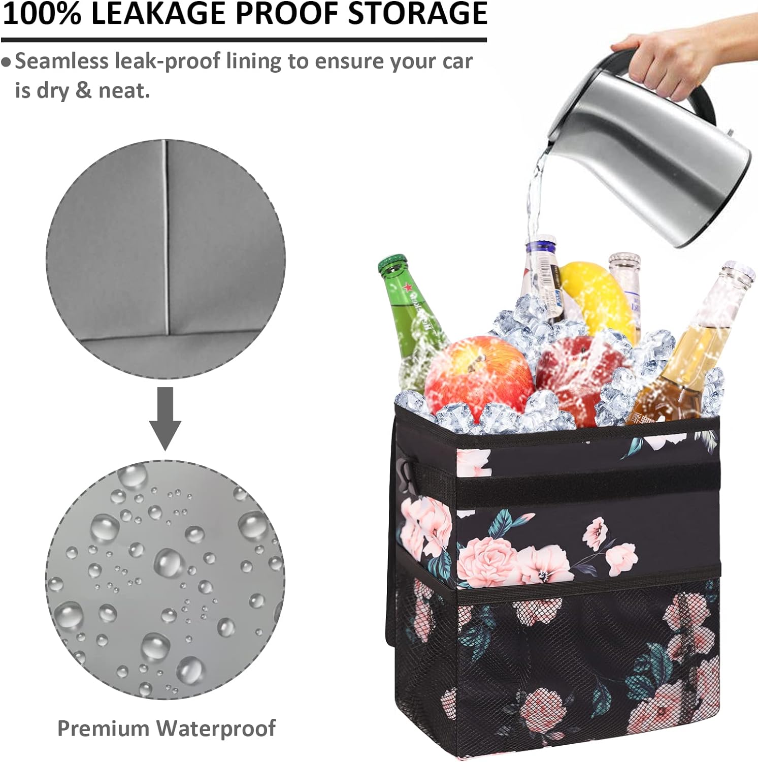 Vankor Car Trash Can for Car Cute, Car Trash Bag Bin Hanging Waterproof Automotive Car Garbage Cans Leak Proof Vehicle Trash Can Black Floral