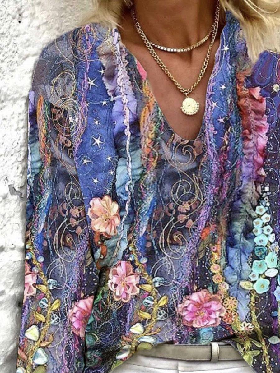 V-neck Floral Print Casual Loose Long Sleeve Blouse