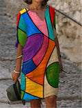 Women Chic Abstract Printed V-Neck Loose Shift Dress