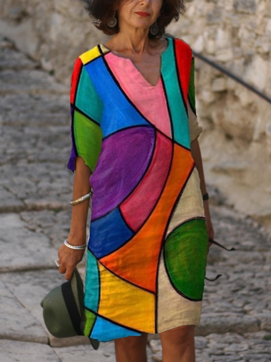 Women Chic Abstract Printed V-Neck Loose Shift Dress
