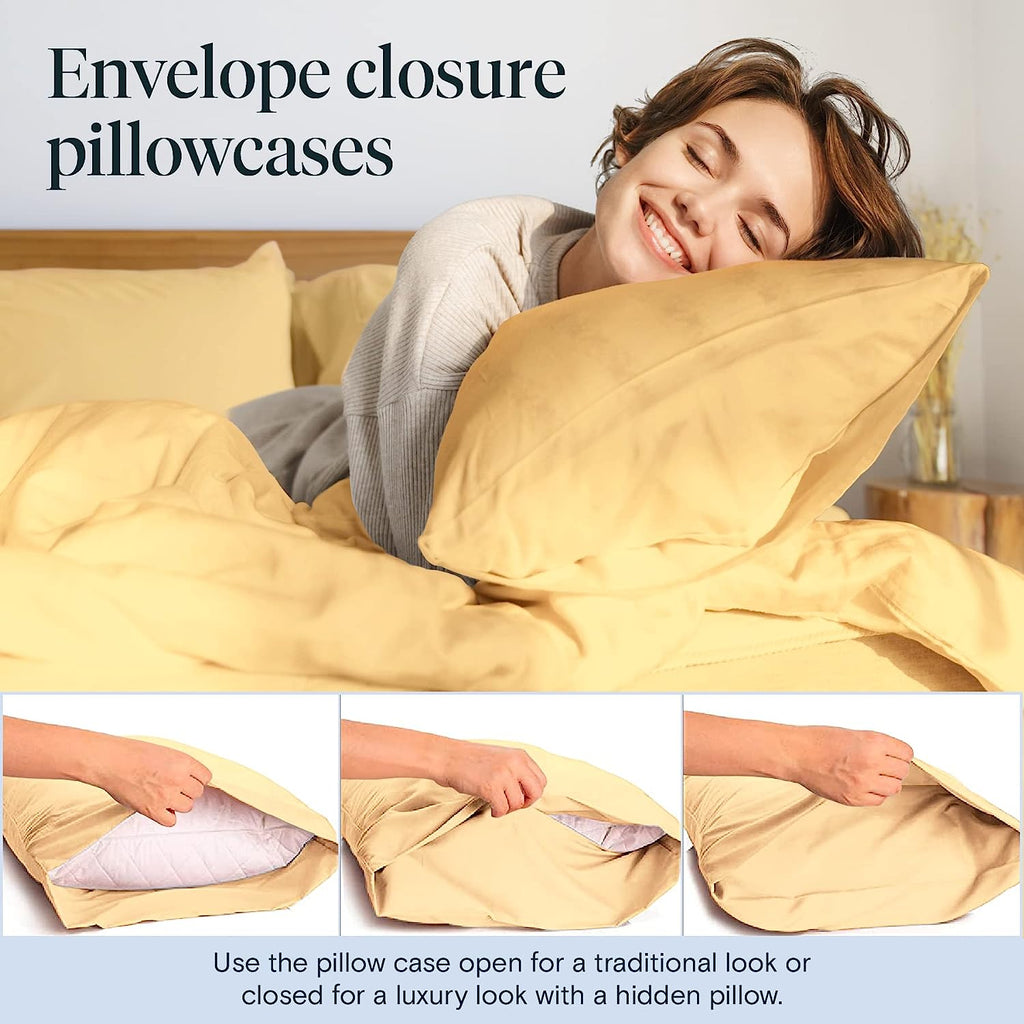 LuxClub 7 PC Split King Sheet Set Bamboo Sheets Deep Pockets 18" Eco Friendly Wrinkle Free Cooling Sheets Machine Washable Hotel Bedding Silky Soft - Butter Split King