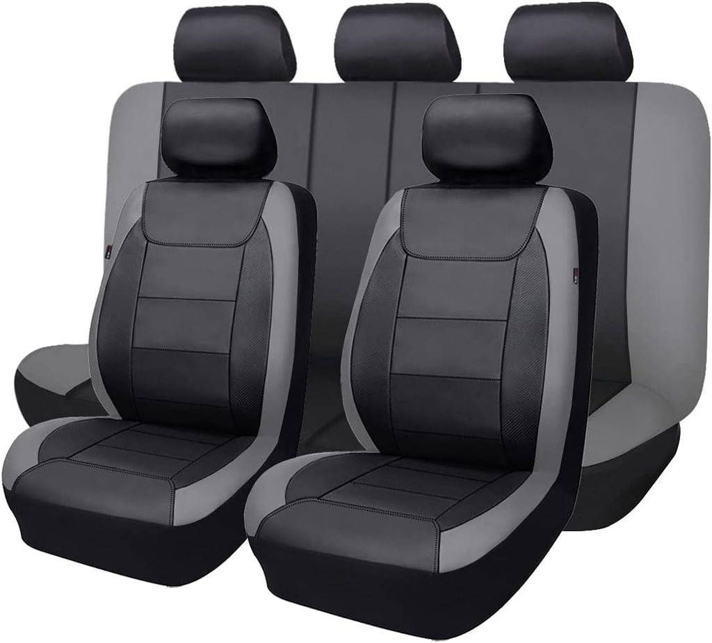 Flying Banner car seat Covers Protects Water Proof Faux Leather Carbon Fiber Front and Rear Bench (Gray Black, Full Set - 9PCS)