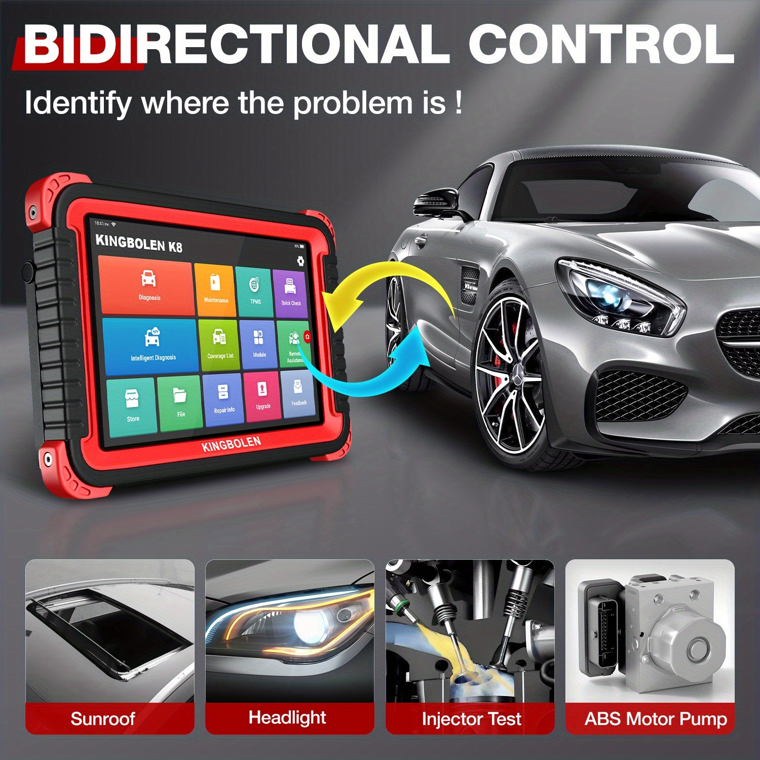 KINGBOLEN K8 Auto Full System Diagnostic Tools 28 Reset Function ECU Coding Bi-directionnal 2 Years Update OBD2 Scanner