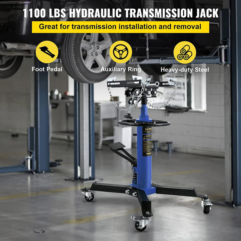 Transmission Jack,1/2Ton/1100lbs Capacity Hydraulic Telescopic Transmission Jack, 2-StaFloor Jack Stand with Foot Pedal, 360° Swivel Wheel, Garage/Shop Lift Hoist, Blue