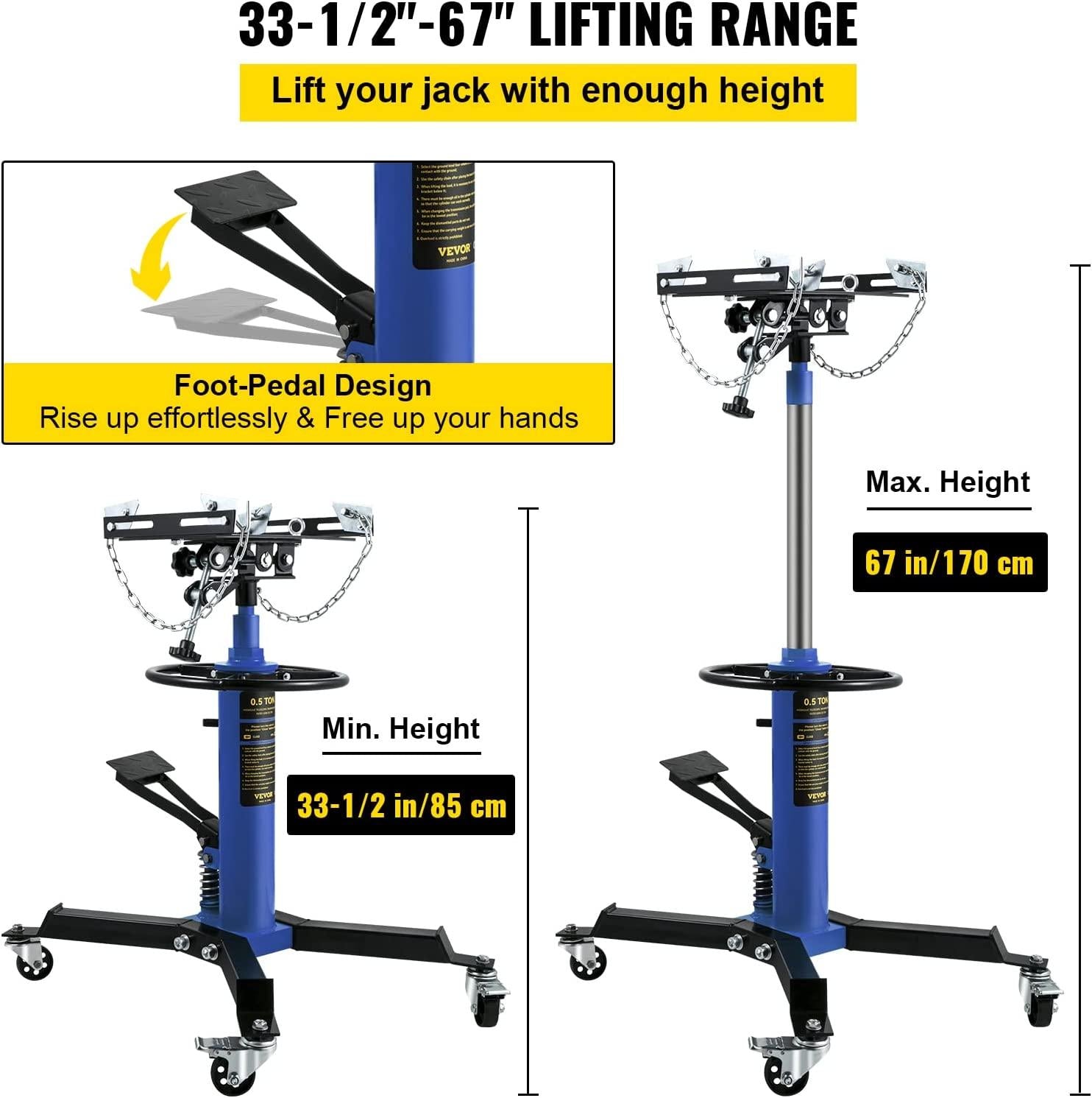Transmission Jack,1/2Ton/1100lbs Capacity Hydraulic Telescopic Transmission Jack, 2-StaFloor Jack Stand with Foot Pedal, 360° Swivel Wheel, Garage/Shop Lift Hoist, Blue